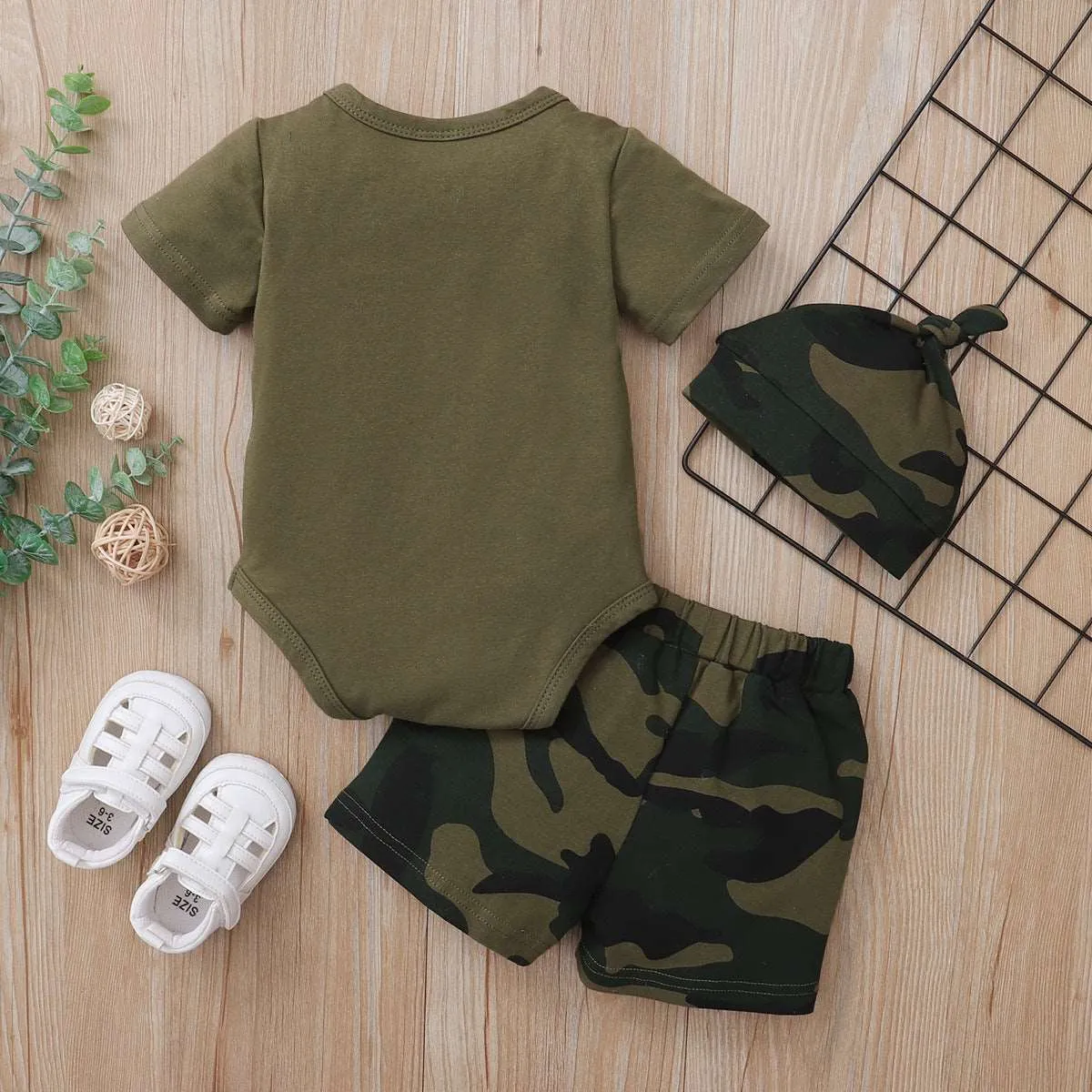 Army Green Camo Shorts and Hat Set - Cool Summer Outfit for Boys