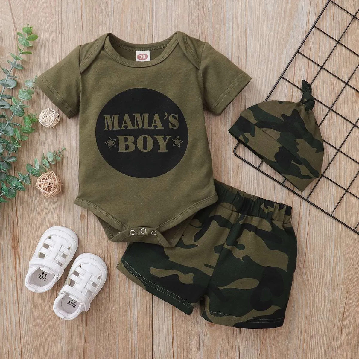 Army Green Camo Shorts and Hat Set - Cool Summer Outfit for Boys