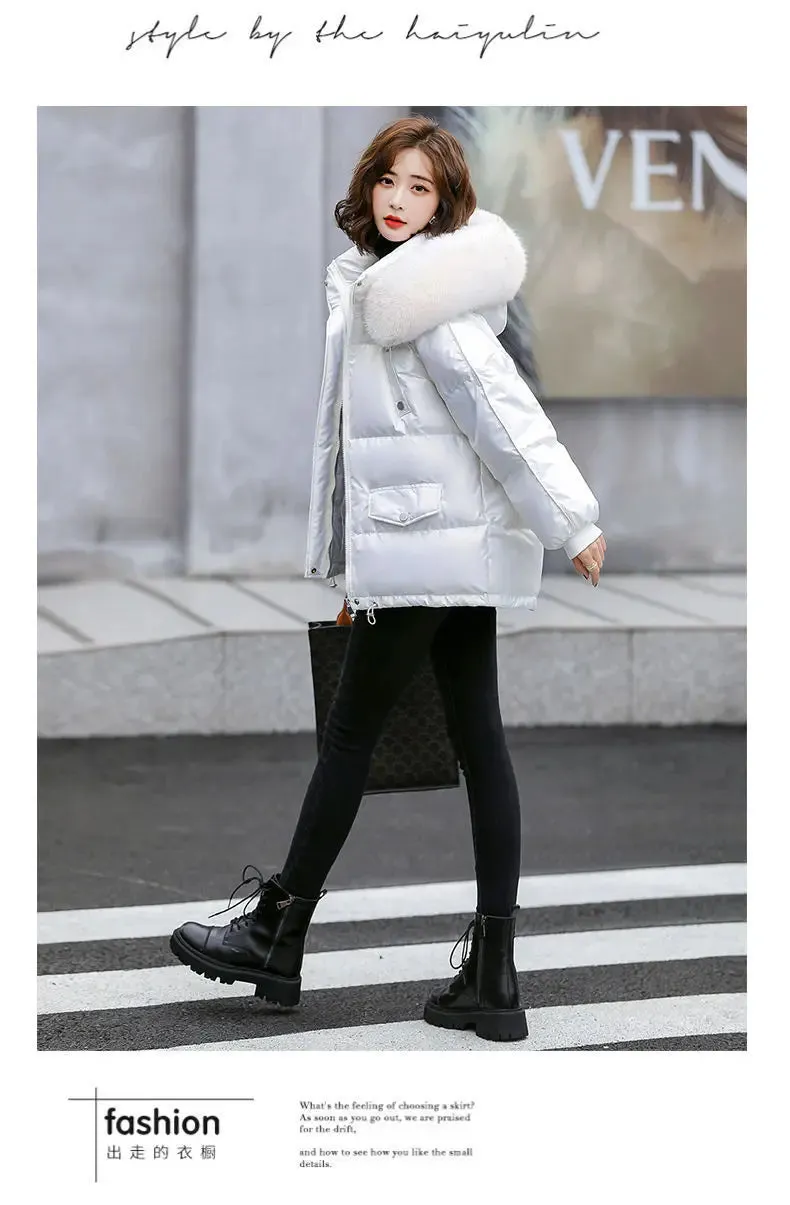 Autumn Winter Casual Women's Parkas 2024 New Korean Version Fur Collar Loose Hooded Jacket Regular Zipper Women Clothing Black