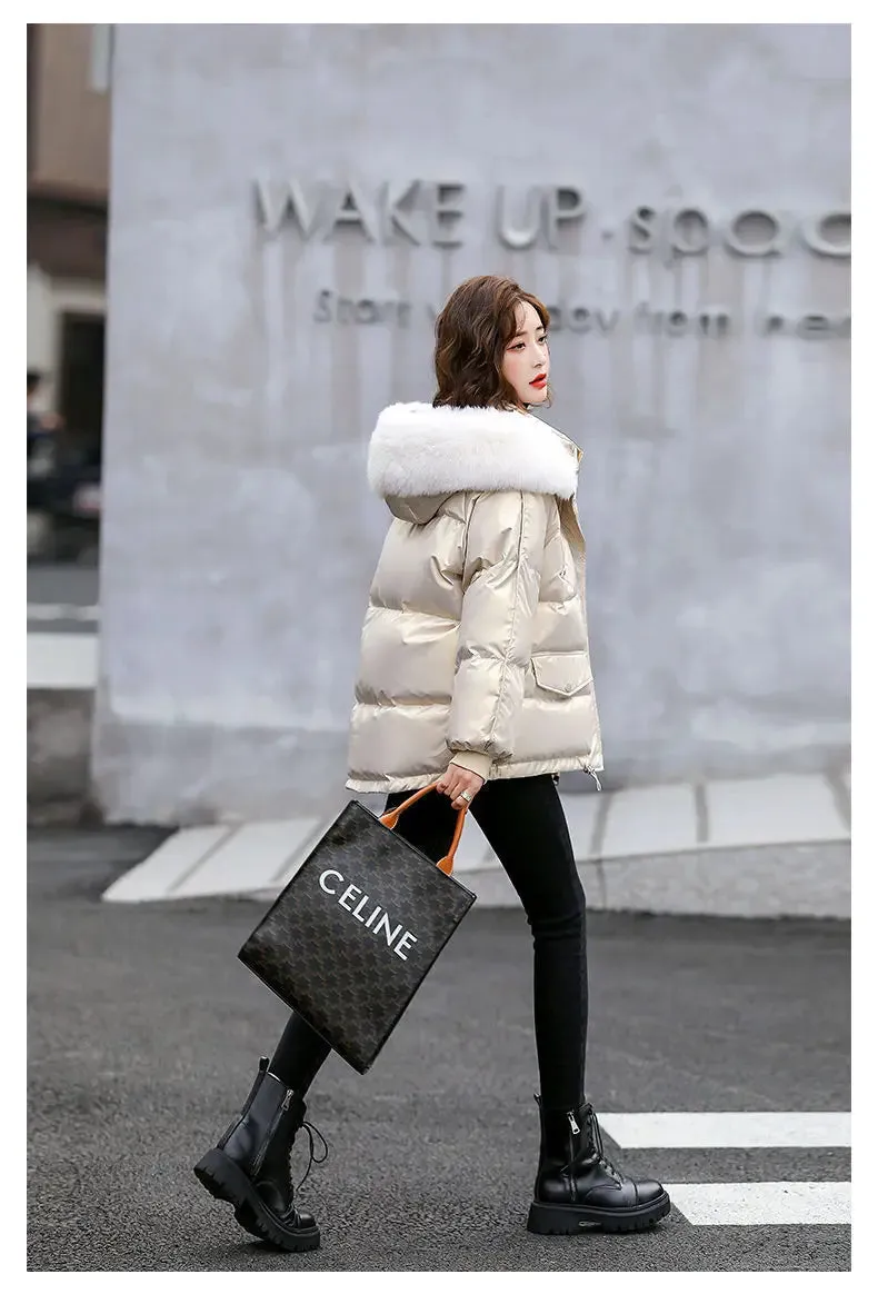 Autumn Winter Casual Women's Parkas 2024 New Korean Version Fur Collar Loose Hooded Jacket Regular Zipper Women Clothing Black