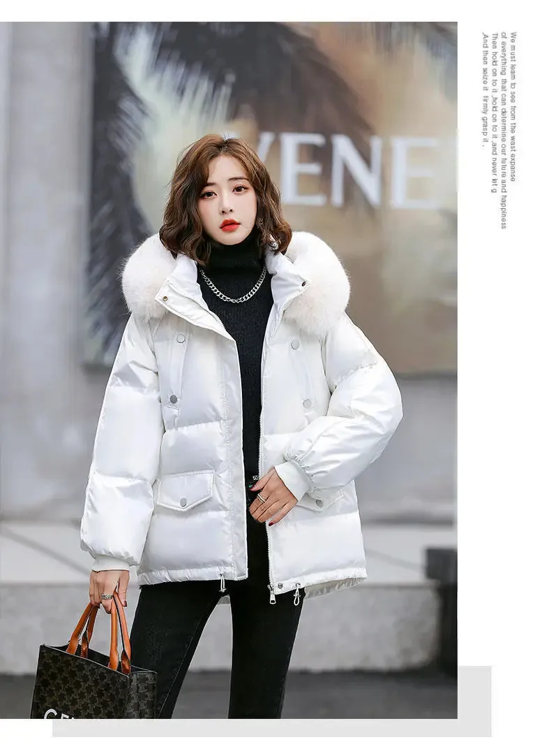 Autumn Winter Casual Women's Parkas 2024 New Korean Version Fur Collar Loose Hooded Jacket Regular Zipper Women Clothing Black