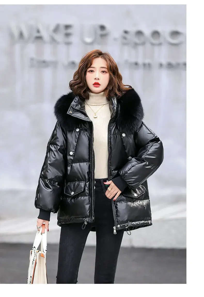 Autumn Winter Casual Women's Parkas 2024 New Korean Version Fur Collar Loose Hooded Jacket Regular Zipper Women Clothing Black