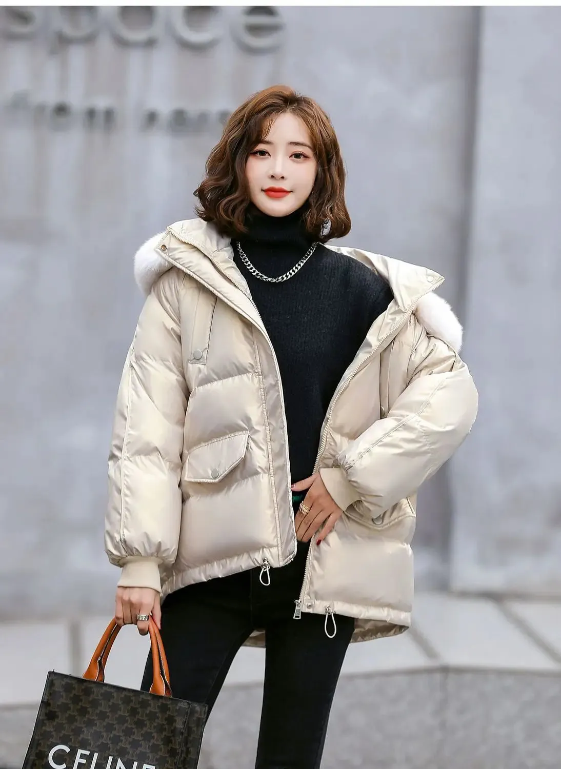 Autumn Winter Casual Women's Parkas 2024 New Korean Version Fur Collar Loose Hooded Jacket Regular Zipper Women Clothing Black