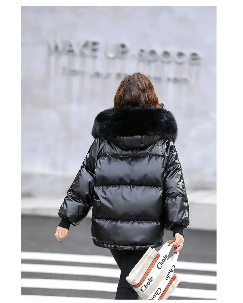 Autumn Winter Casual Women's Parkas 2024 New Korean Version Fur Collar Loose Hooded Jacket Regular Zipper Women Clothing Black