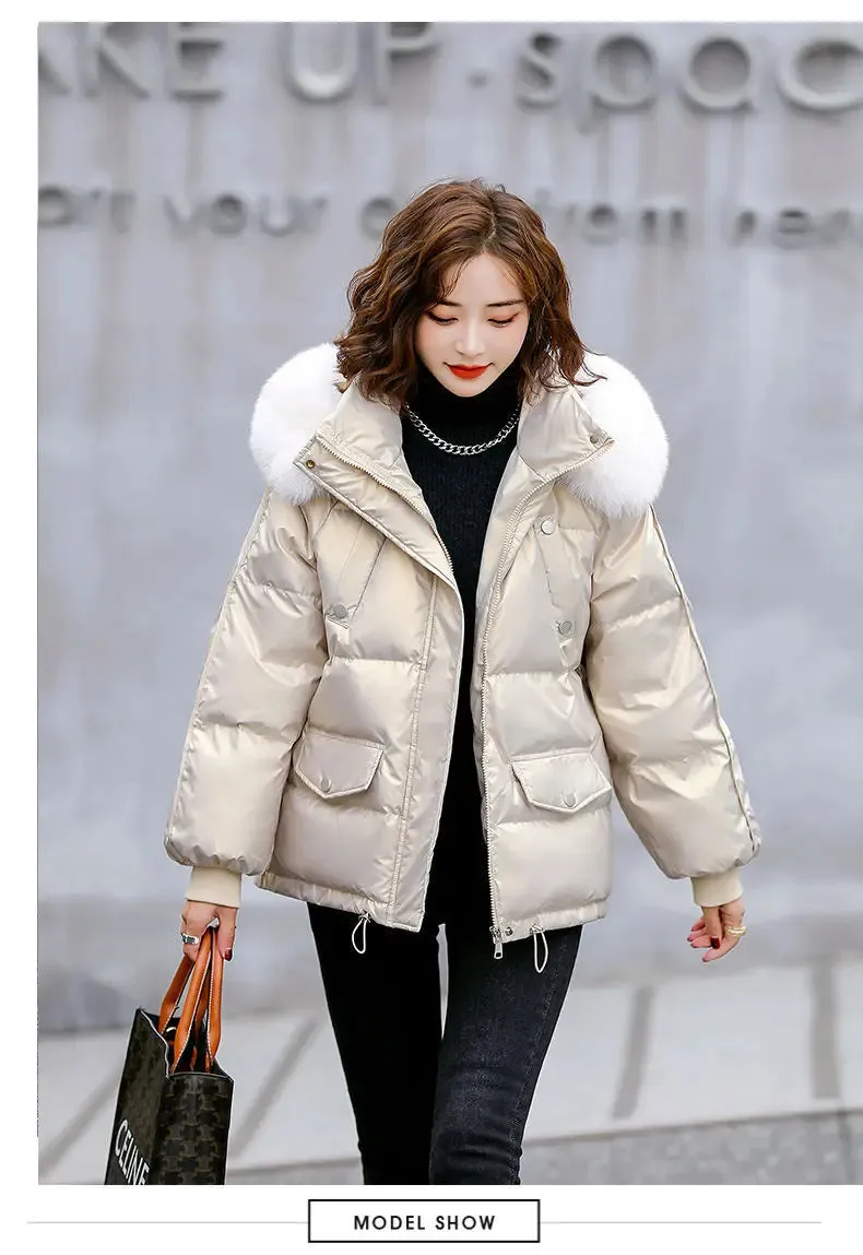 Autumn Winter Casual Women's Parkas 2024 New Korean Version Fur Collar Loose Hooded Jacket Regular Zipper Women Clothing Black