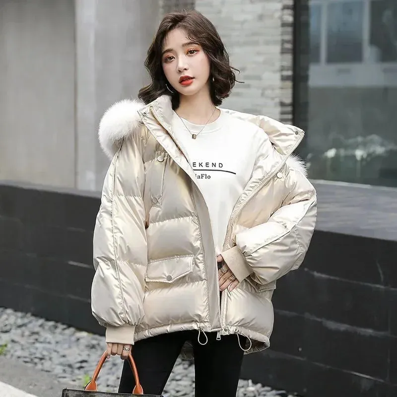 Autumn Winter Casual Women's Parkas 2024 New Korean Version Fur Collar Loose Hooded Jacket Regular Zipper Women Clothing Black