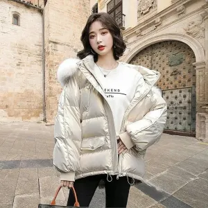 Autumn Winter Casual Women's Parkas 2024 New Korean Version Fur Collar Loose Hooded Jacket Regular Zipper Women Clothing Black