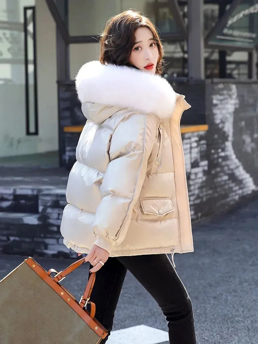 Autumn Winter Casual Women's Parkas 2024 New Korean Version Fur Collar Loose Hooded Jacket Regular Zipper Women Clothing Black