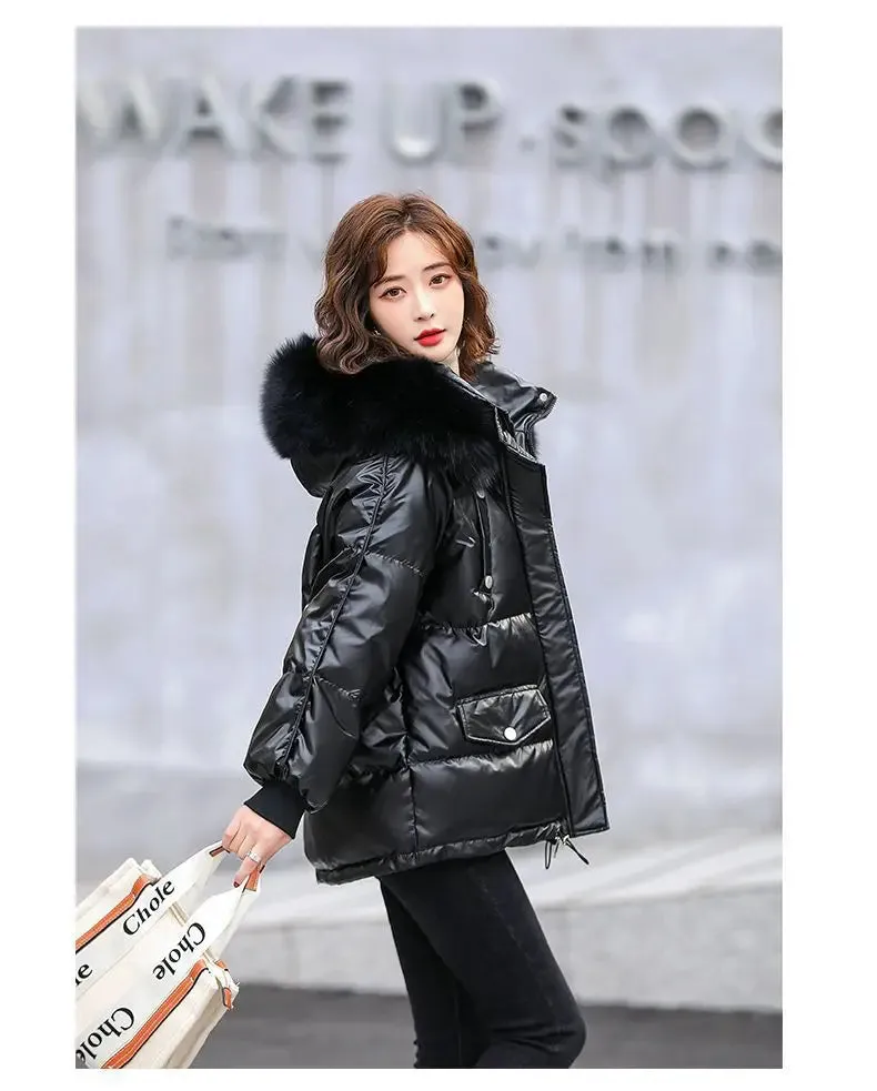 Autumn Winter Casual Women's Parkas 2024 New Korean Version Fur Collar Loose Hooded Jacket Regular Zipper Women Clothing Black