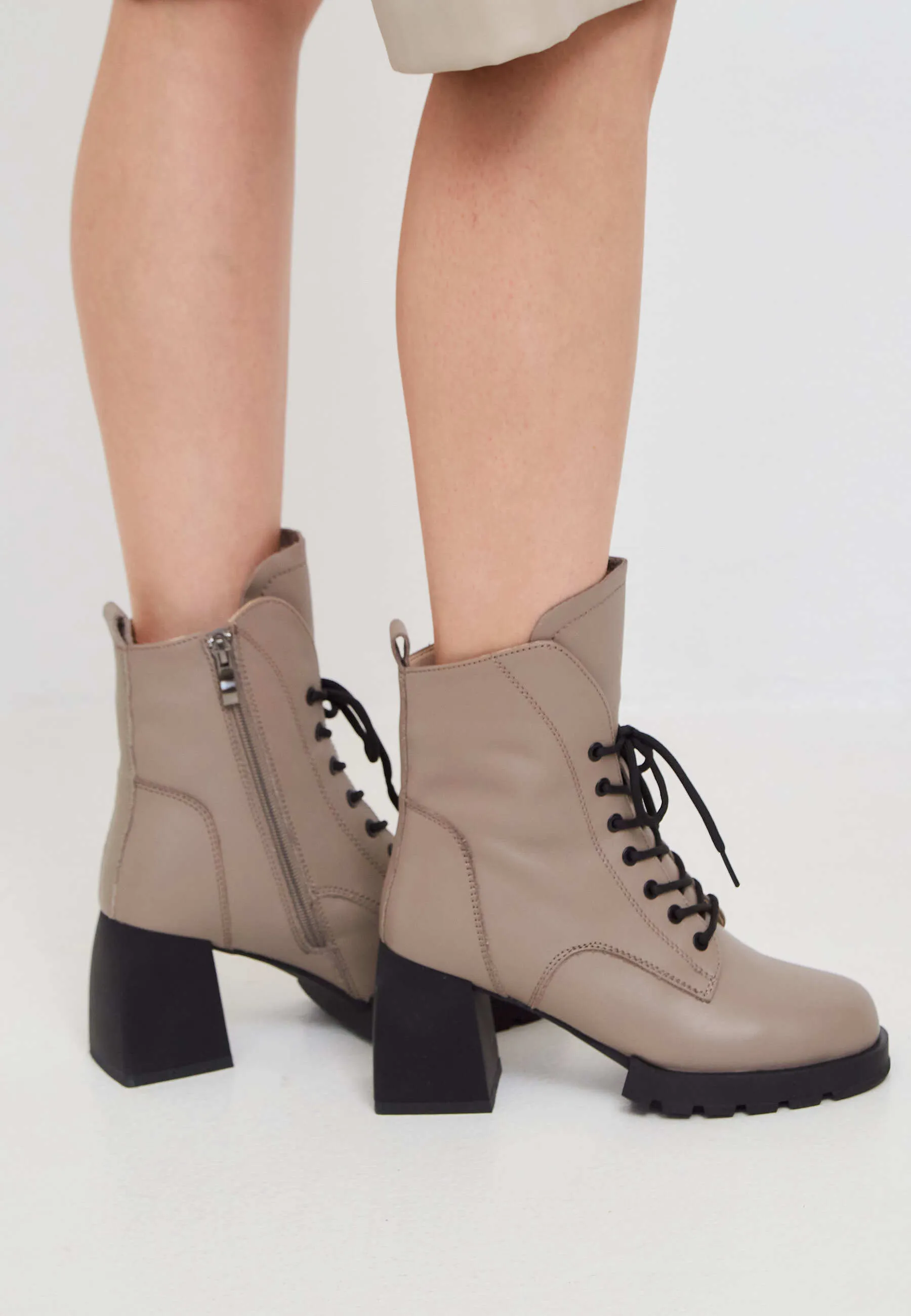 Beige Lace-Up Ankle Boots with Block Heel - Modern & Comfortable