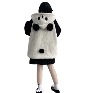 Bonnyshow Women Winter Faux Fleece Hoodies Jacket Harajuku Kawaii Cartoon Panda Ears Long Sleeve Sweatshirt Oversized Button Down Plush