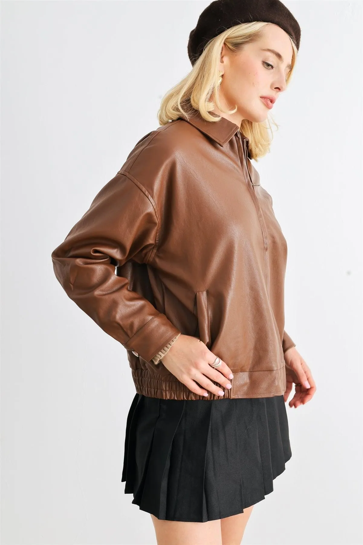 Brown Faux Leather Zip-Up Collared Neck Long Sleeve Jacket /1-2-2-1