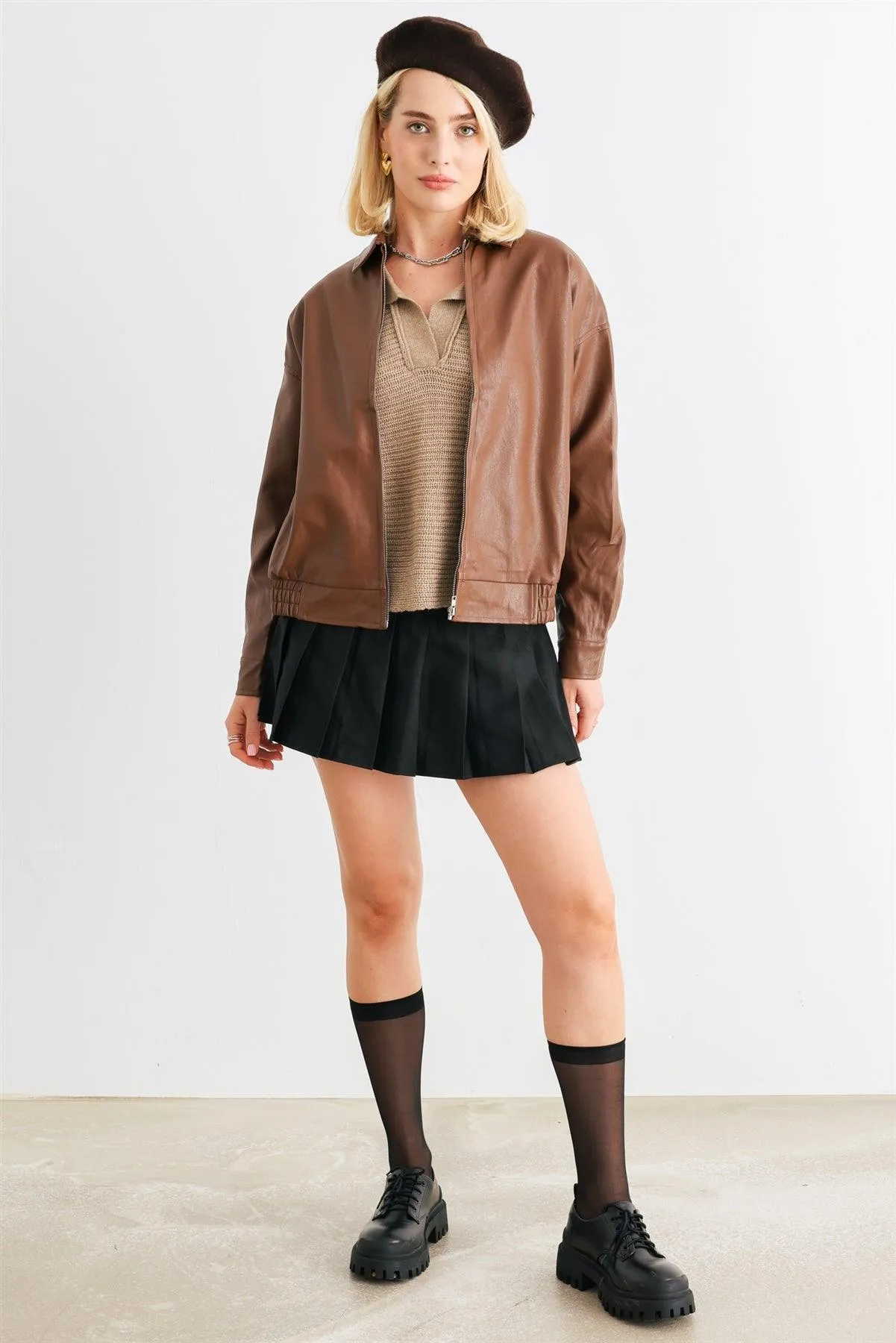 Brown Faux Leather Zip-Up Collared Neck Long Sleeve Jacket /1-2-2-1