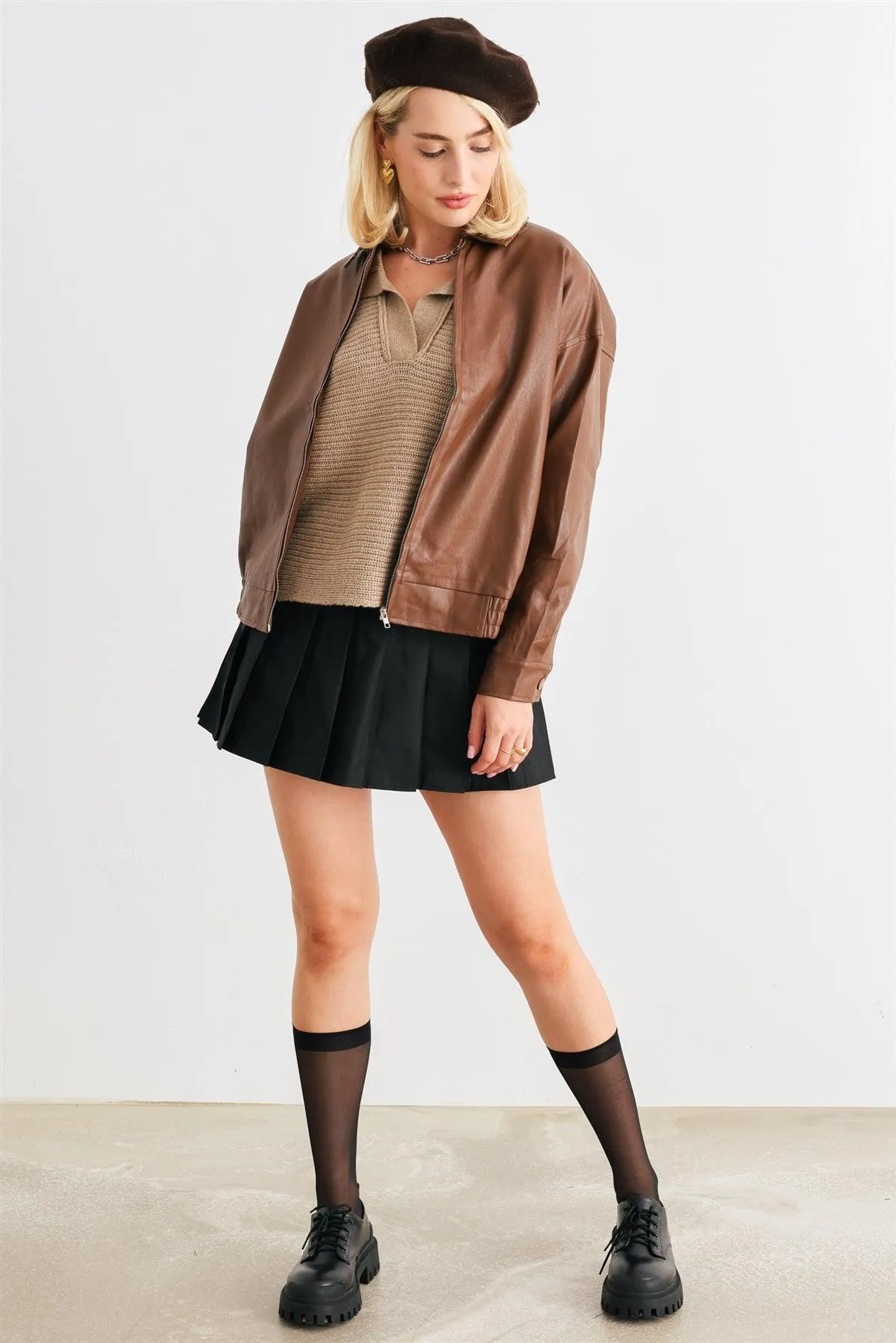 Brown Faux Leather Zip-Up Collared Neck Long Sleeve Jacket /1-2-2-1