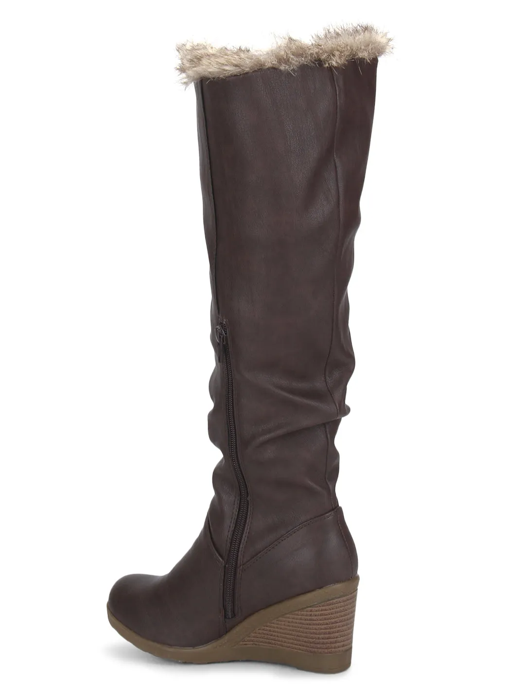 Brown Nubuck Fur Down Collar Mid Calf Long Boot