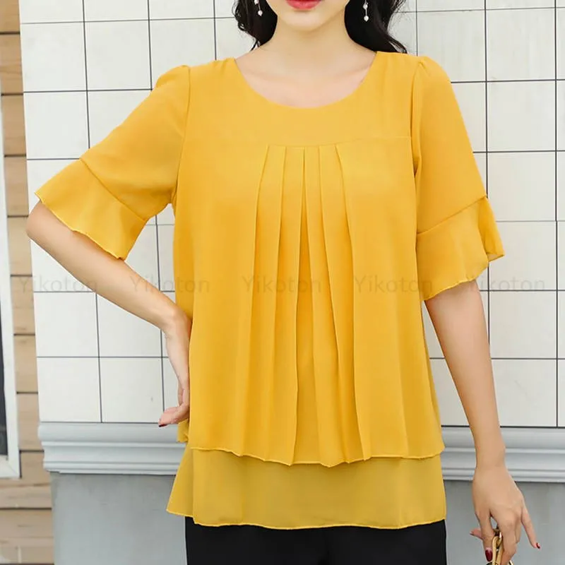 Chiffon Blouse Two Pieces Short Sleeve O-Neck Loose Casual Lady Shirt Tunics Top Blusas Feminin