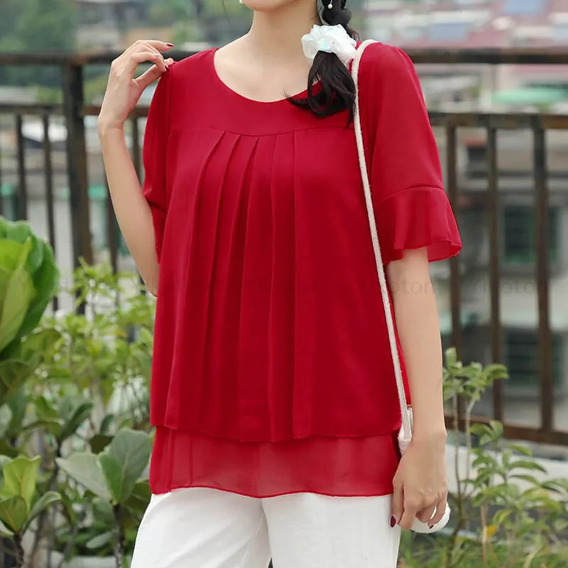 Chiffon Blouse Two Pieces Short Sleeve O-Neck Loose Casual Lady Shirt Tunics Top Blusas Feminin