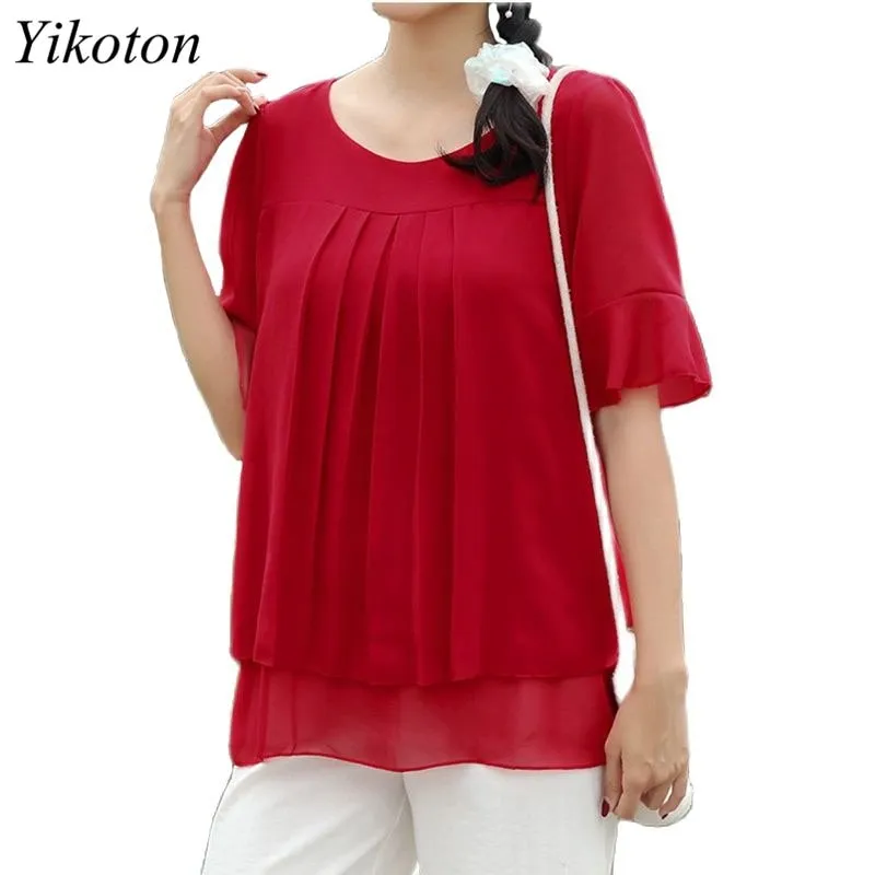 Chiffon Blouse Two Pieces Short Sleeve O-Neck Loose Casual Lady Shirt Tunics Top Blusas Feminin