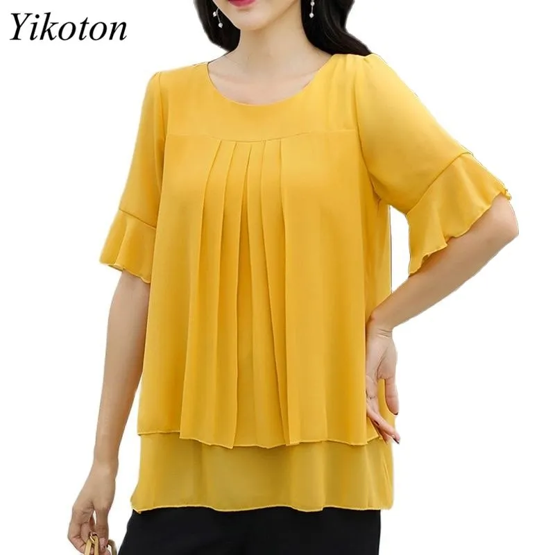 Chiffon Blouse Two Pieces Short Sleeve O-Neck Loose Casual Lady Shirt Tunics Top Blusas Feminin