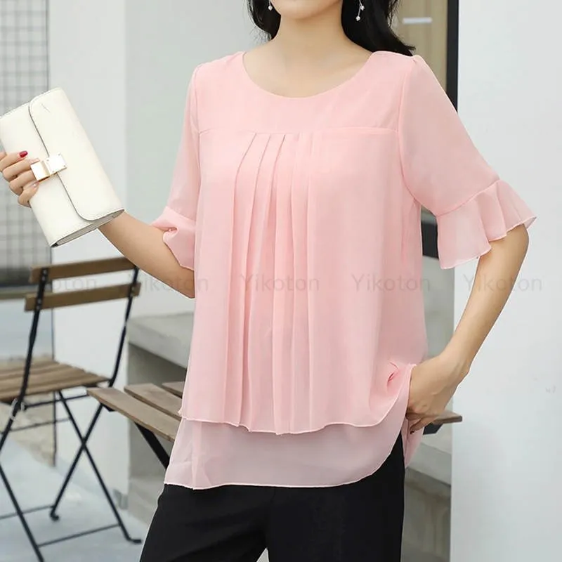 Chiffon Blouse Two Pieces Short Sleeve O-Neck Loose Casual Lady Shirt Tunics Top Blusas Feminin