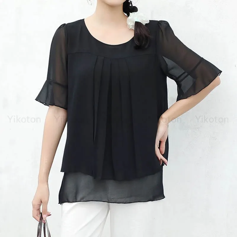 Chiffon Blouse Two Pieces Short Sleeve O-Neck Loose Casual Lady Shirt Tunics Top Blusas Feminin