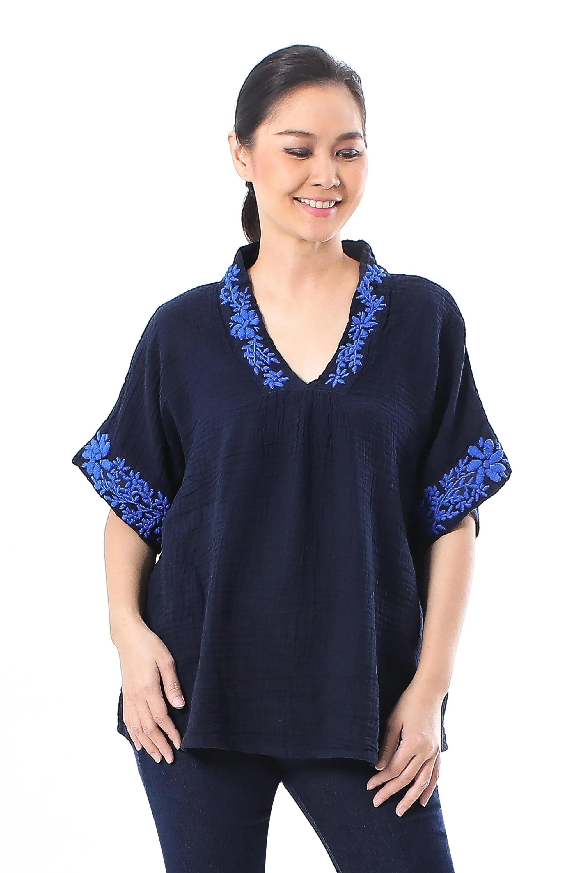 Classic Bloom in Navy Floral Embroidered Cotton Blouse in Navy from Thailand