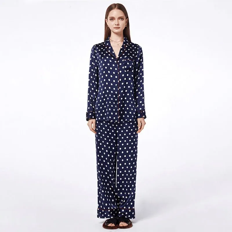 Classic Dot Long Sleeves Mulberry Silk Sleepwear Silk Pajama Set For Women