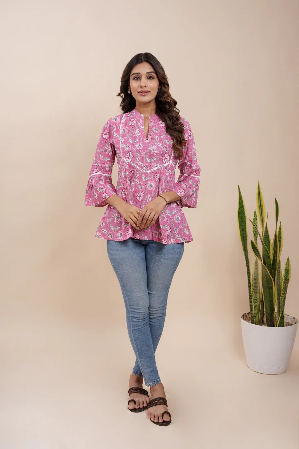 Ekisha's women pink beautiful designer floral printed cotton tunic top short kurti