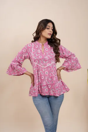 Ekisha's women pink beautiful designer floral printed cotton tunic top short kurti