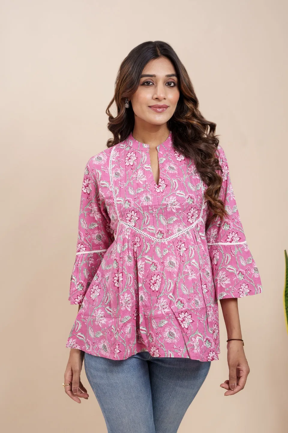 Ekisha's women pink beautiful designer floral printed cotton tunic top short kurti