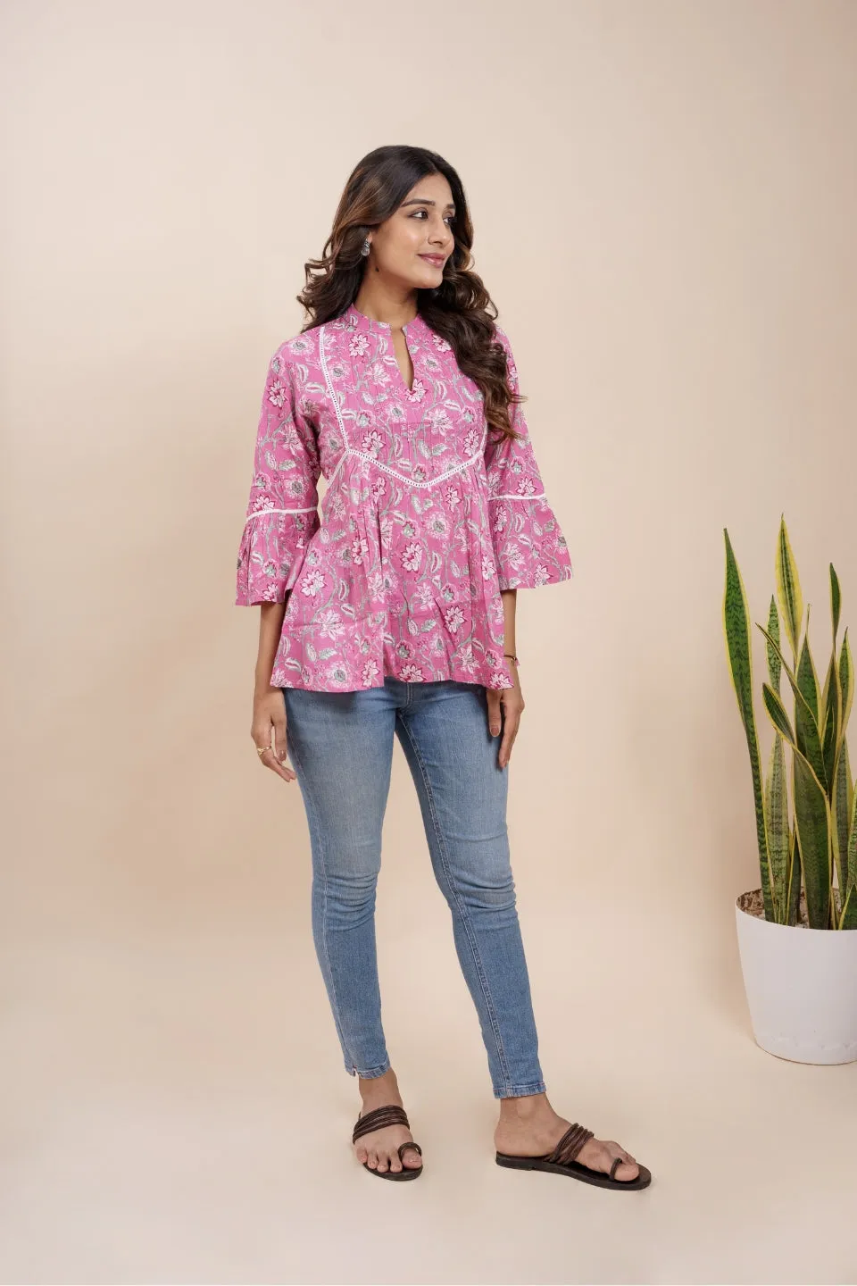 Ekisha's women pink beautiful designer floral printed cotton tunic top short kurti