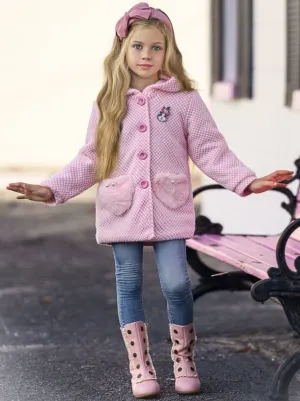 Girls Pink Medium Long Wool Hooded with Fluffy Pockets Coat