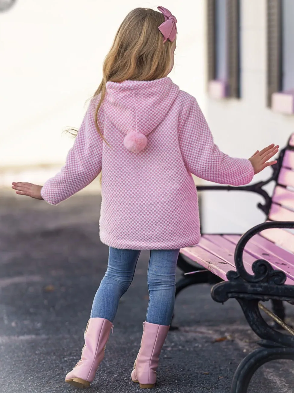 Girls Pink Medium Long Wool Hooded with Fluffy Pockets Coat