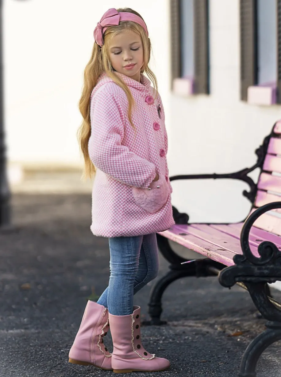 Girls Pink Medium Long Wool Hooded with Fluffy Pockets Coat