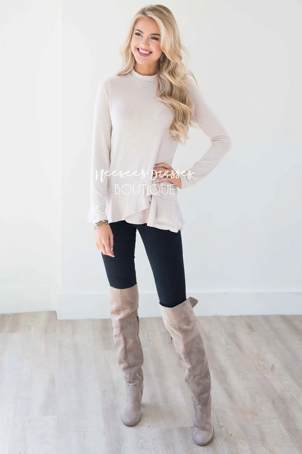 Heather Cream Double Ruffle Hem Sweater