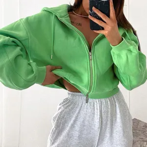 Joskaa 2024 Autumn Winter Women Green Long Sleeve Streetwear Hooded Zipper Sweatshirt Coats Loose Oversized Crop Top Short Jackets