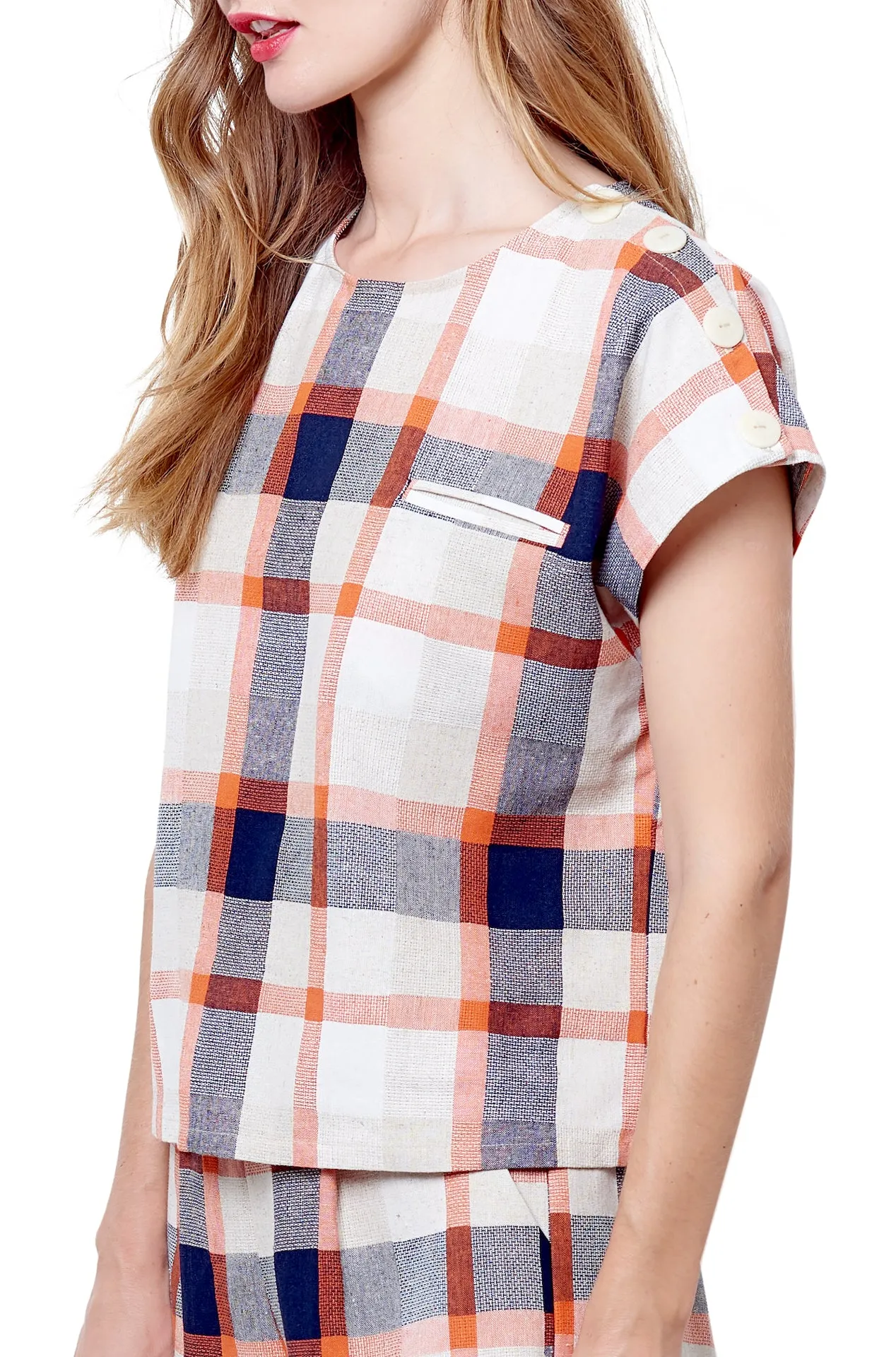 LEANNE Button Shoulder Top - Plaid