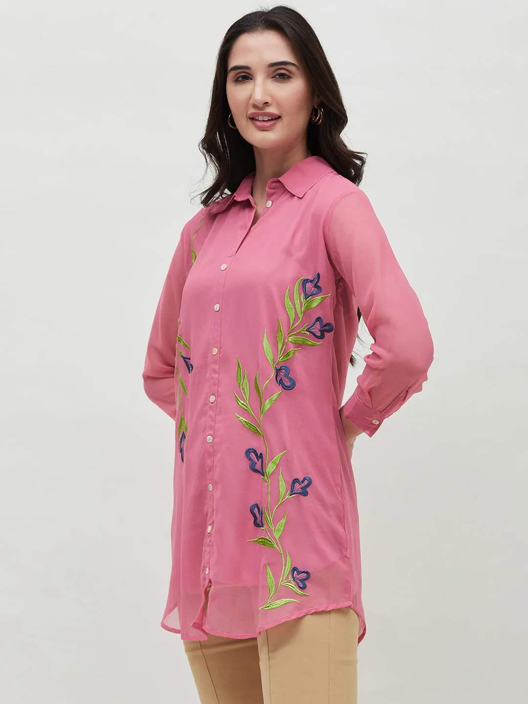 Long Pink Embroidered Shirt