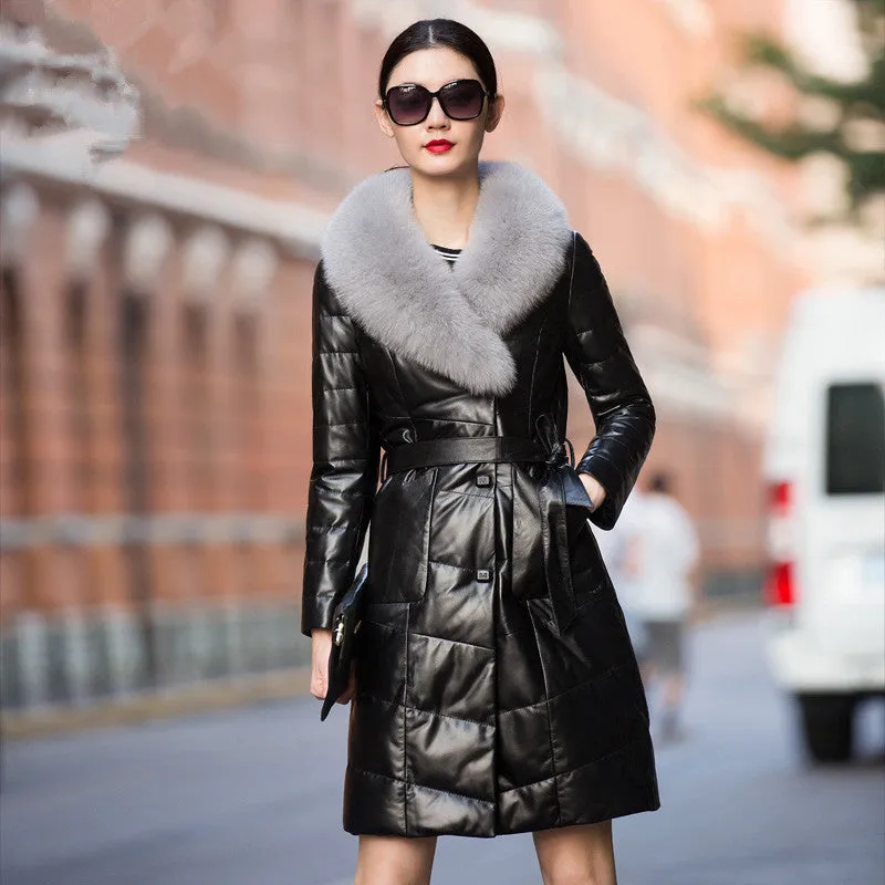 Luxury Genuine Sheepskin Leather Suede Down Parkas Coat Jacket Fox Fur Collar Autumn Winter Women Slim Outerwear Coats