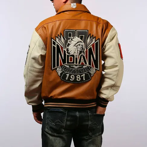 Men's Cow Leather Flight Jacket: Indian Embroidery Fashion Casual Sports Suit