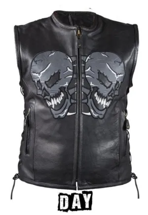 Mens Leather Vest With Reflective Evil Skulls, MV319-01-DL