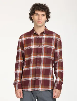 Men's Plaid Maroon Spread Collar Shacket