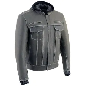 Milwaukee Leather MLM1539 Men's Distressed Grey Leather ‘Utility Pocket’ Vented Jacket with Removable Hoodie