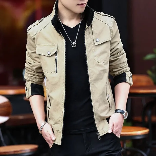 Multi Pocket Mandarin Collar Men Army Military Jacket