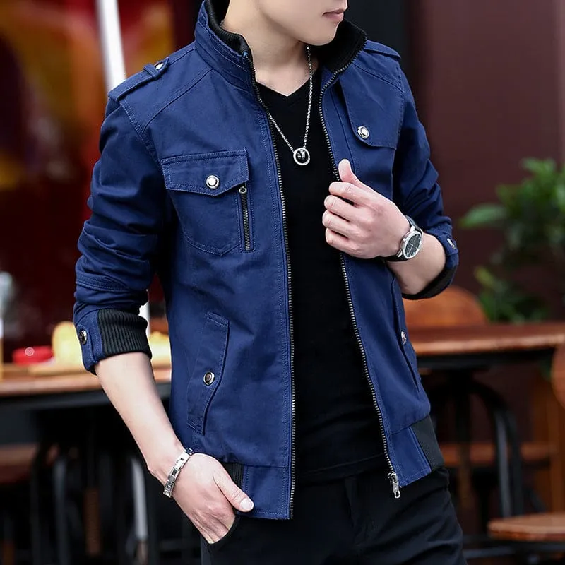 Multi Pocket Mandarin Collar Men Army Military Jacket