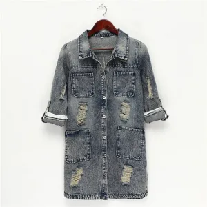 New Design Spring Autumn Fashion Denim Patchwork Overcoats Vintage Holes Loose Jeans Coats Jackets Plus Size