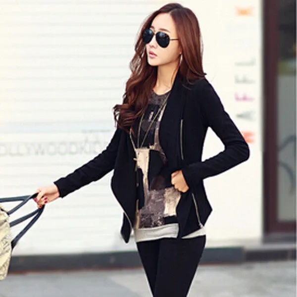 New Fashion Women Autumn Korean Style Slim Turn Down Lapel Collar Side Zipper Coat Jacket