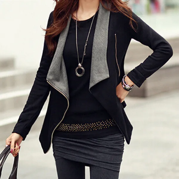 New Fashion Women Autumn Korean Style Slim Turn Down Lapel Collar Side Zipper Coat Jacket