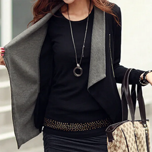 New Fashion Women Autumn Korean Style Slim Turn Down Lapel Collar Side Zipper Coat Jacket