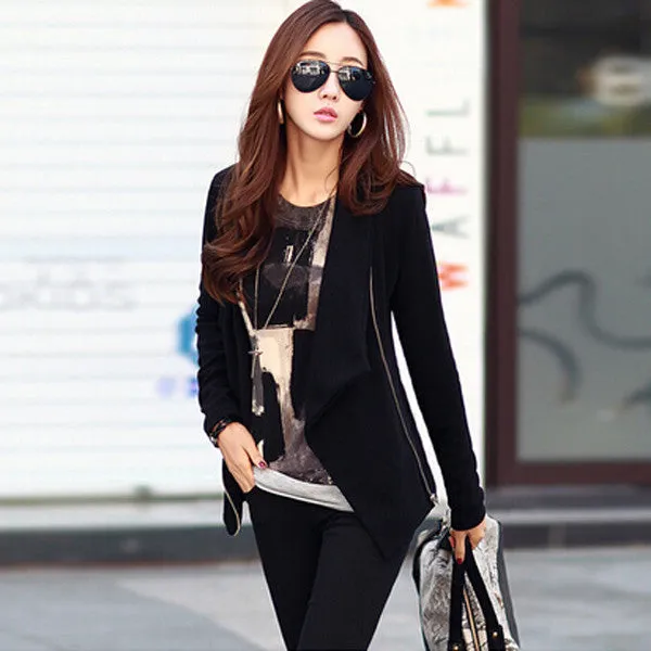 New Fashion Women Autumn Korean Style Slim Turn Down Lapel Collar Side Zipper Coat Jacket